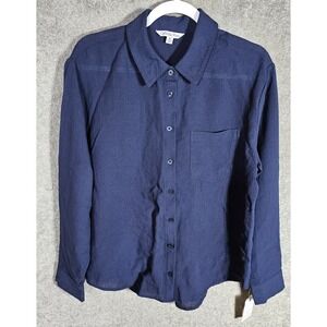 NWT Ophelia Roe Button Up Top Blouse Womens Size Medium Blue Career Minimalist